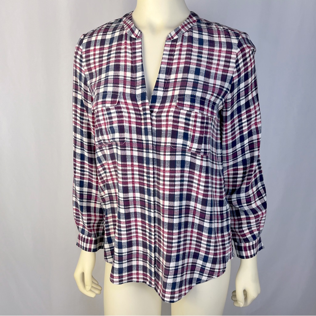 Joie Raspberry Pink Navy Plaid 100% Silk Hidden Button Down Blouse Size Xs